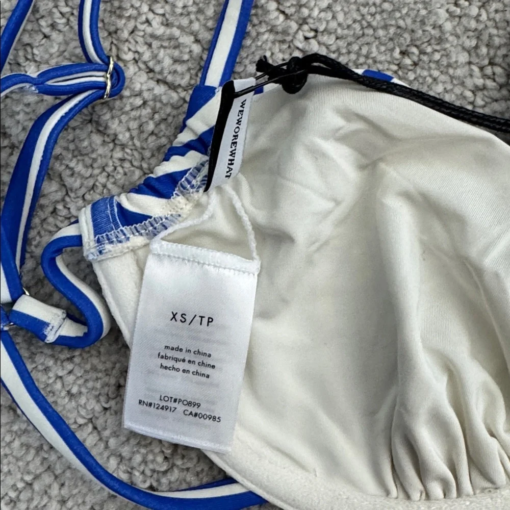 NWT WeWoreWhat Ruched underwire top coastal blue offwhite micro stripe